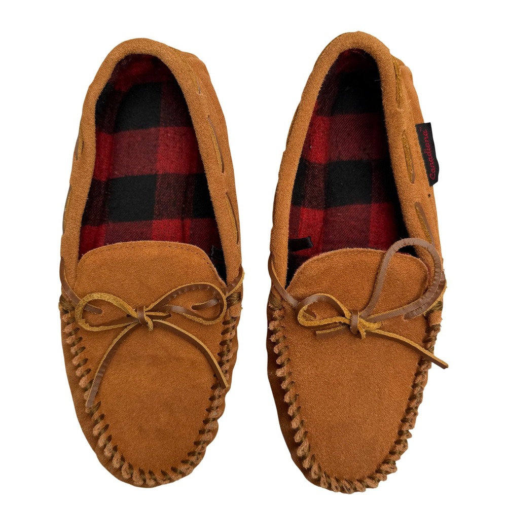 Canadiana Moccasin Slippers Plaid Lined Tan Cabin Core Cozy Rustic Sz 10